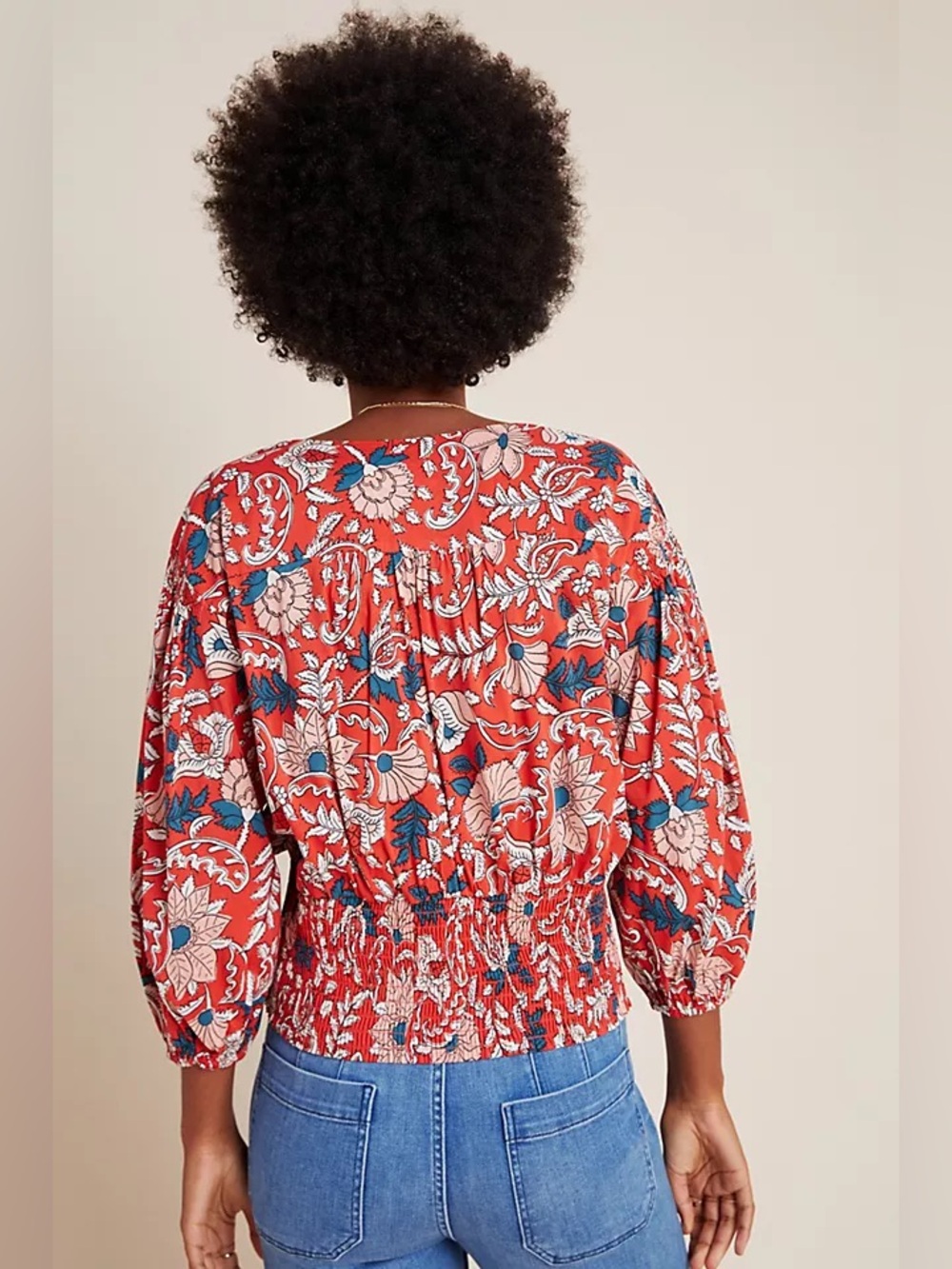 Anthropologie, Floral Print V-Neck Peasant Top, Red, L - Picture 3 of 7